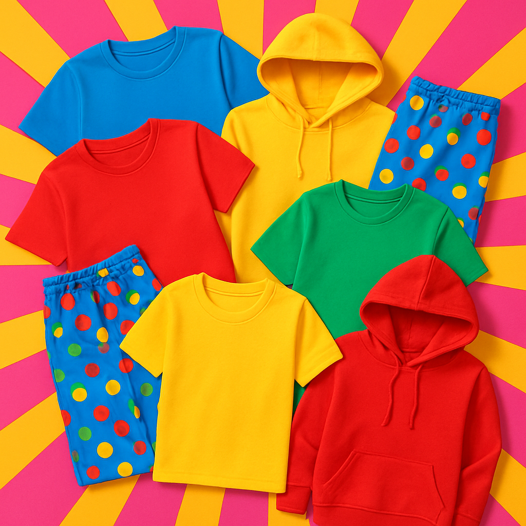 Colorful pile of graphic tees, hoodies and pajama pants on a sunburst background